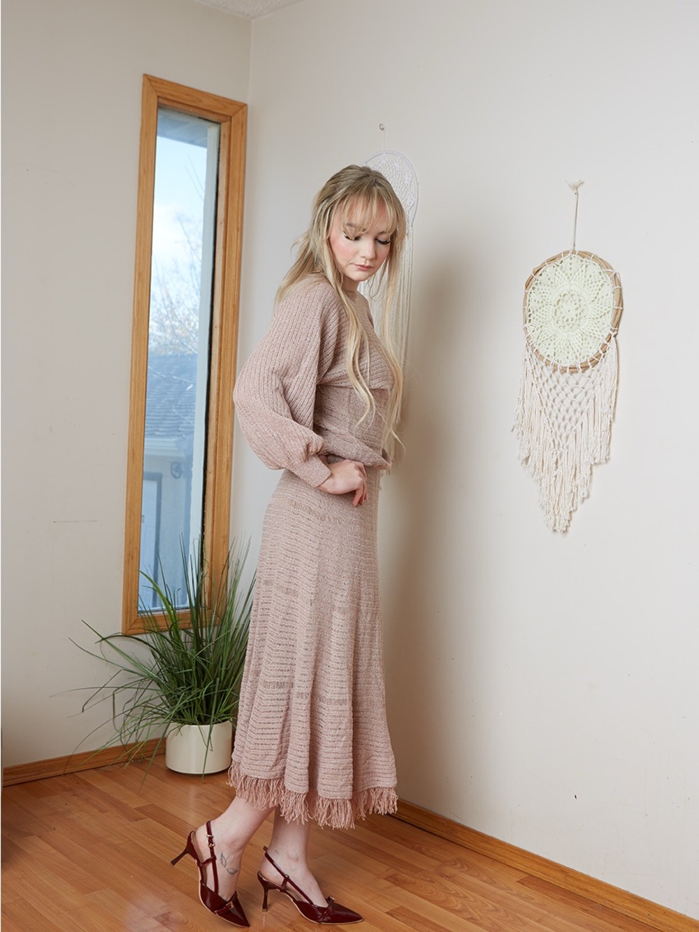 Vintage Blush Fringe-Hem Knit Maxi Dress